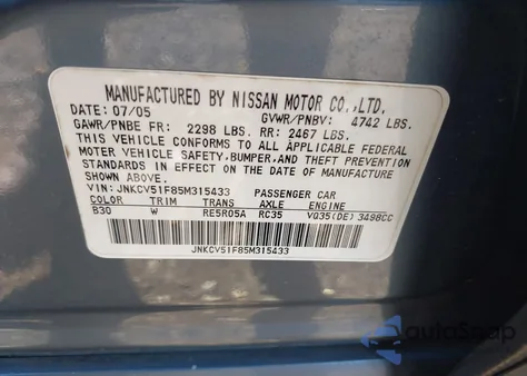 2005 Infiniti G35X z USA, uszkodzony, nr VIN JNKCV51F85M315433